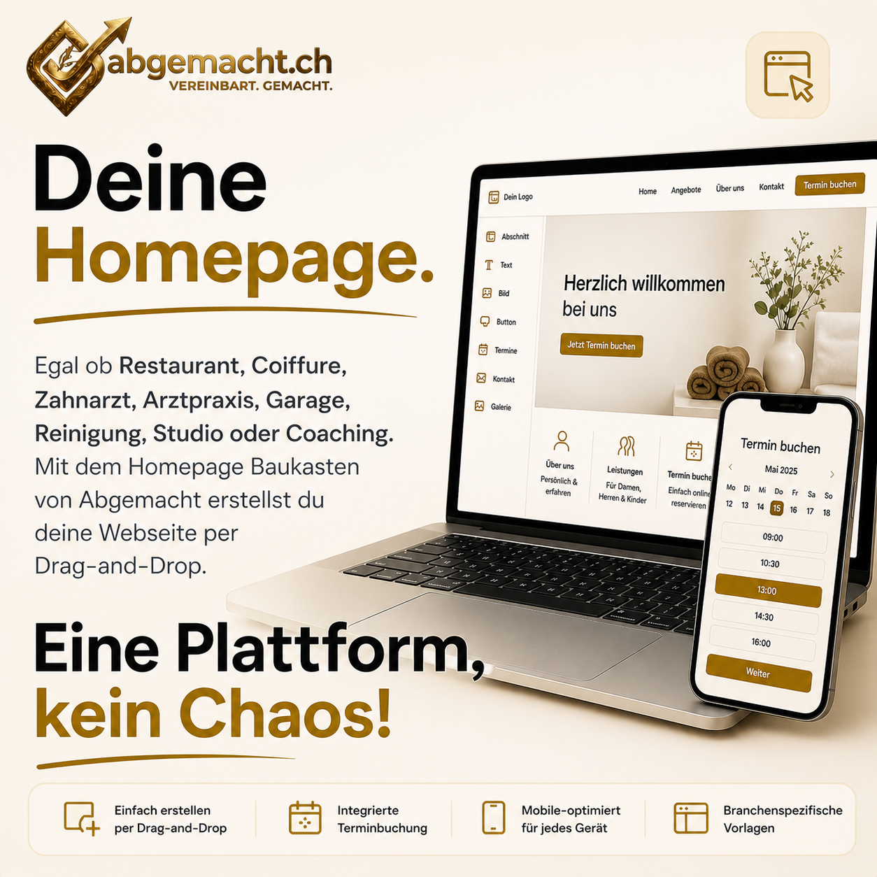 Abgemacht Homepage-Baukasten — Drag-and-Drop Editor mit branchenspezifischen Vorlagen auf Laptop und Smartphone
