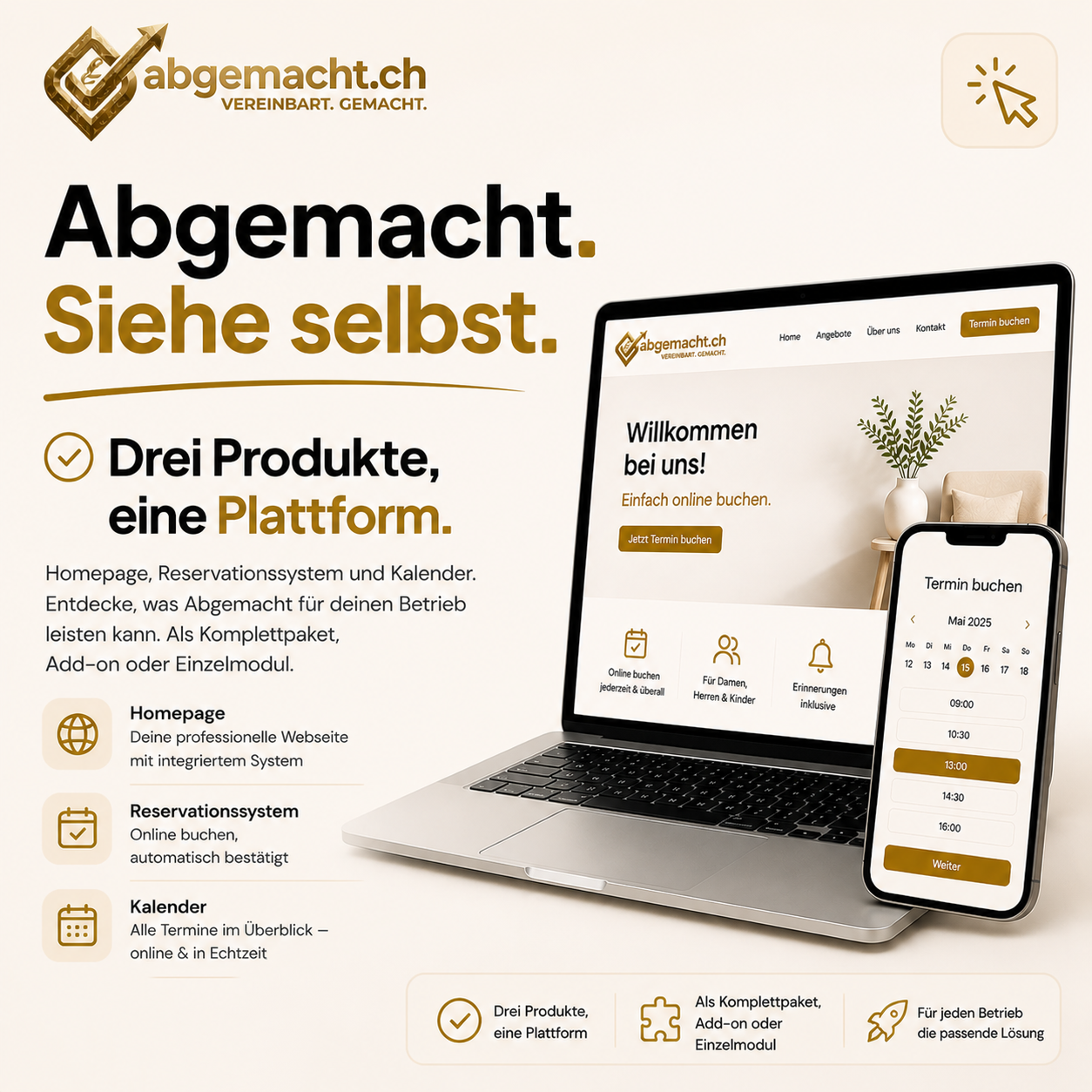 Abgemacht Buchungssystem — Schluss mit Hin und Her bei Terminanfragen. Kalender und Buchung auf Laptop und Smartphone.