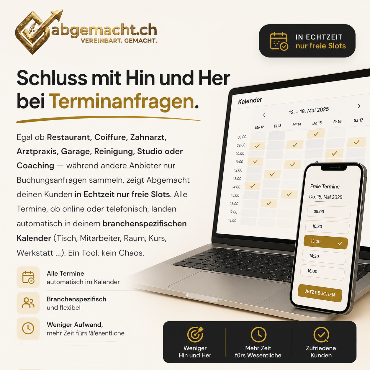 Abgemacht Kalender — Schluss mit Hin und Her bei Terminanfragen. Kalender und Buchung auf Laptop und Smartphone.